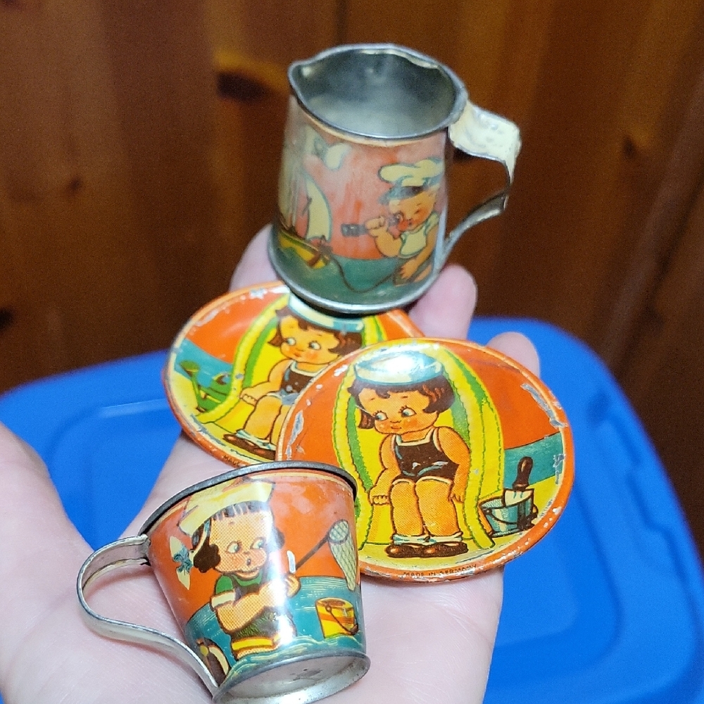 Vintage Germany~1940s Children's Tin Tea Set~Colorful Illustrations~ Lithography